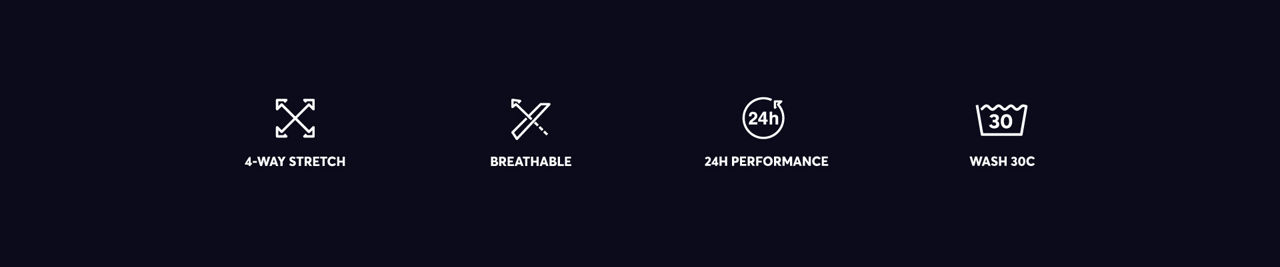 main information on material: 4-way stretch, breathable, 24h performance, wash at 30 degrees celcius