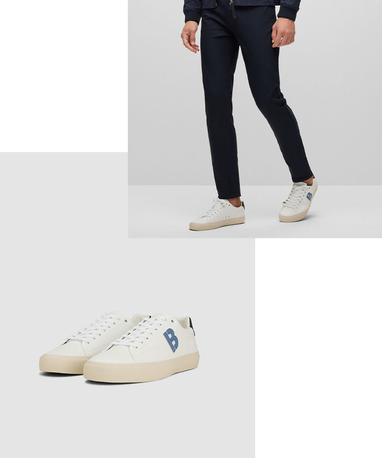 white sneakers with a blue B logo by BOSS 