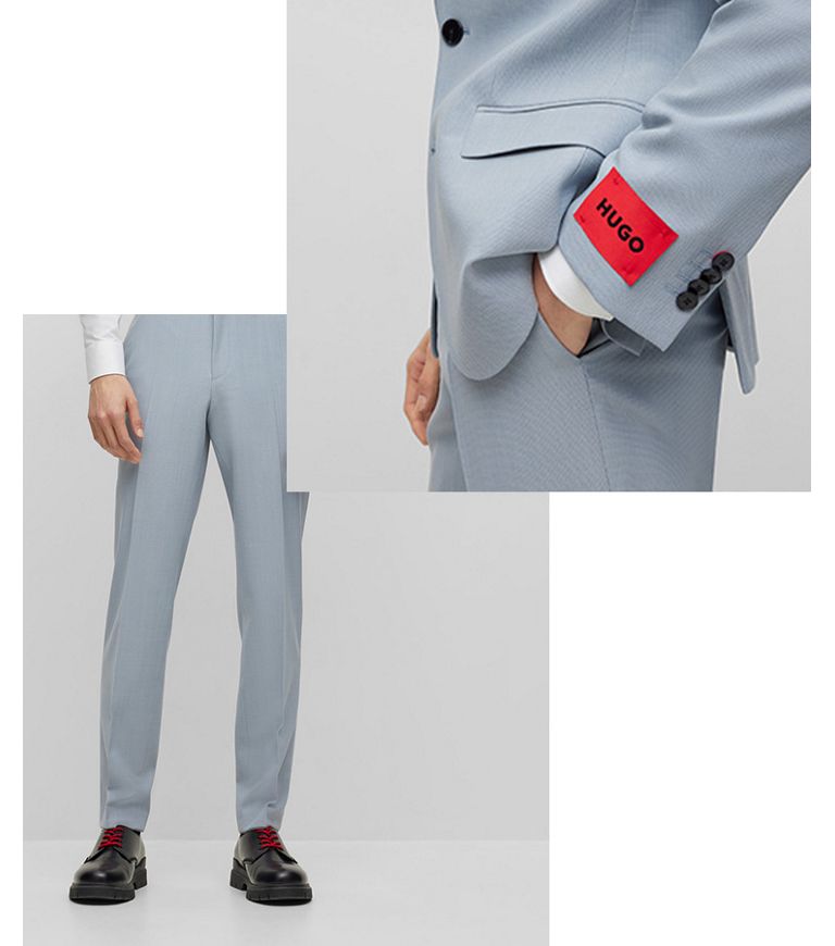 Gray blazer + navy tie + white dress shirt + navy pants + black loafers
