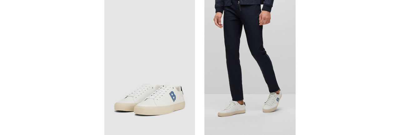 white sneakers with a blue B logo by BOSS 