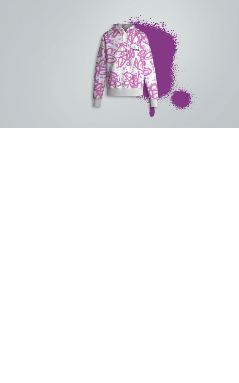 Video on BOSS Limited Edition Graffiti collection pink and white sweater with graffiti displayed