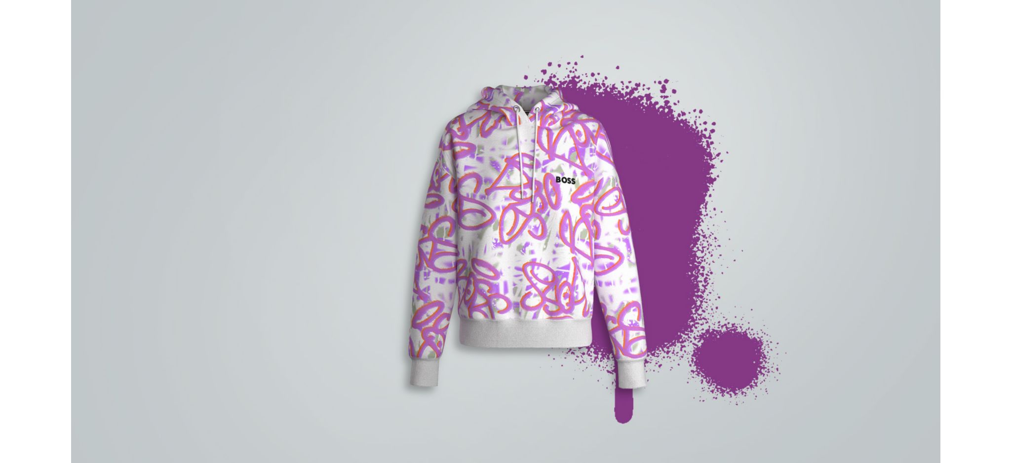Video on BOSS Limited Edition Graffiti collection pink and white sweater with graffiti displayed