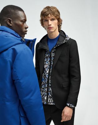 Black coat, jacket and trousers with blue sweater for men by BOSS
