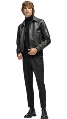 Black leather jacket, sweater, trousers and shoes for men by BOSS 