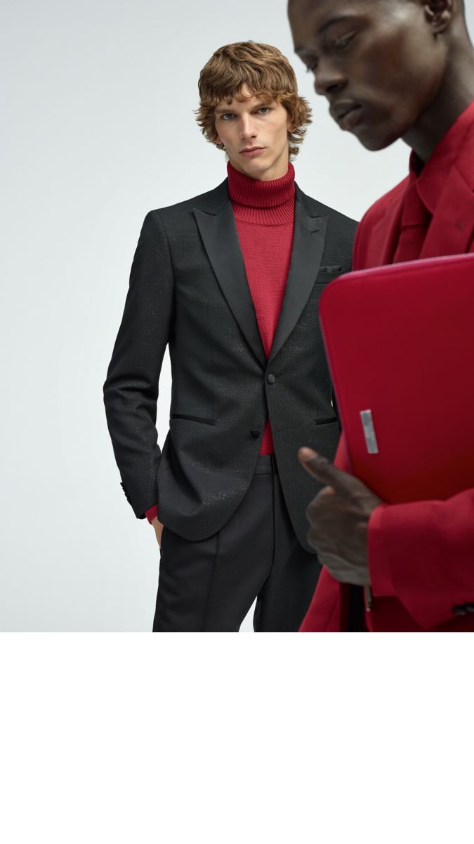 Black suit jacket and trousers with red sweater for men by BOSS 