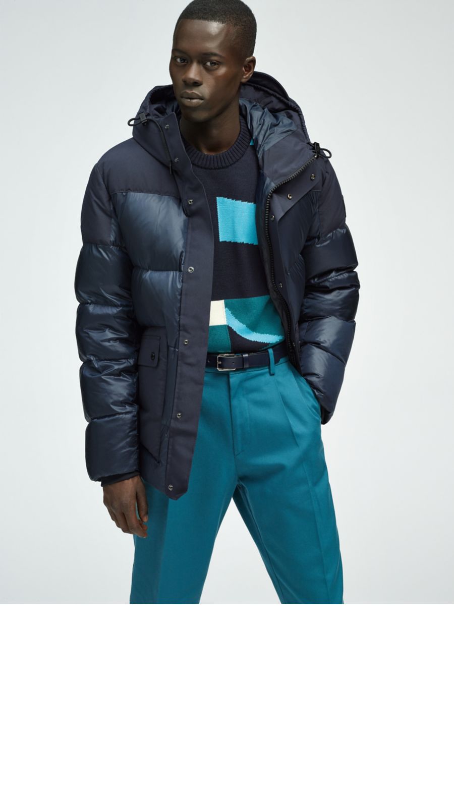 Navy coat, sweater and belt with trousers for men by BOSS