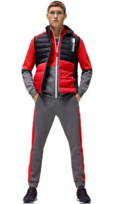 Black jacket trousers and shoes with red T-shirt for men by BOSS  