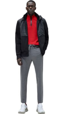 Black jacket trousers and shoes with red T-shirt for men by BOSS  