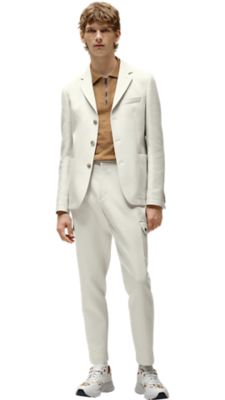 Black jacket trousers and shoes with red T-shirt for men by BOSS  