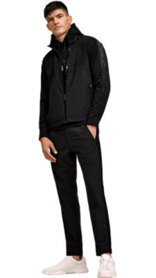 Black jacket trousers and shoes with red T-shirt for men by BOSS  
