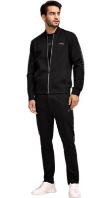 Black jacket trousers and shoes with red T-shirt for men by BOSS  