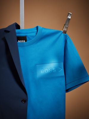 close up Image of light blue BOSS performance t-shirt