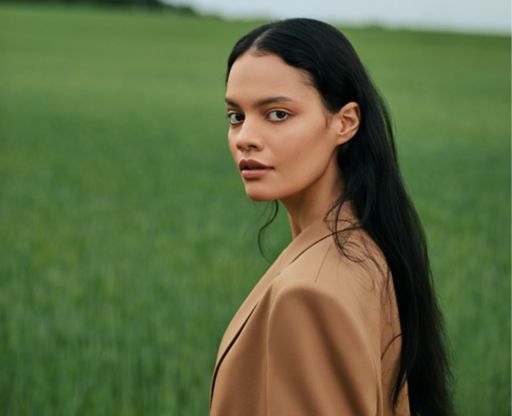 vrouw draagt een camel pak van BOSS dat op verantwoorde wijze is geproduceerd