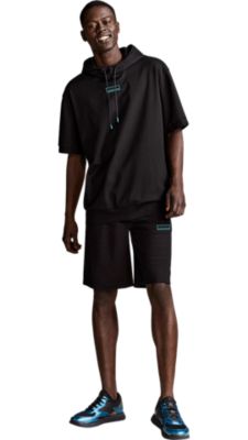 black jersey shorts and a black short sleeves hooded sweatshirt for men by BOSS
