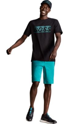 bright blue shorts with a black T-shirt with a bit BOSS Logo in bright blue and a black cap with a BOSS Logo for men by BOSS