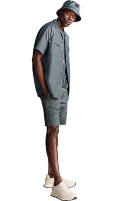 dark green short sleeved shirt with a dark green t-shirt and a dark green short and a matching bucket hat for men by BOSS 