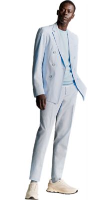 light blue extra slim fit double breasted suit jacket with a matching trouser and a light blue knit pullover for men by BOSS