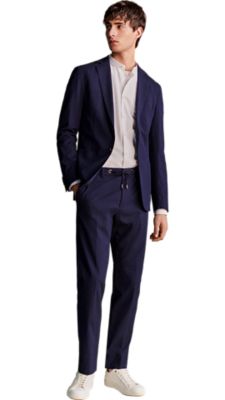 dark blue extra slim fit suit jacket with a matching dark blue extra slim fit modern trouser and a white longsleeve shirt for men by BOSS
