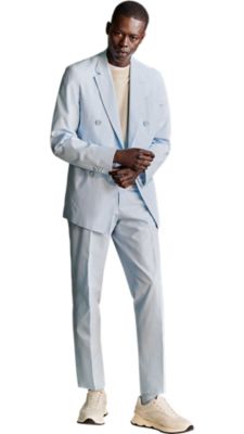 light blue extra slim fit double breasted jacket with a matching trouser and a lopen white knit pullover for men by BOSS