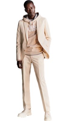open white extra slim fit suit with a open white hooded sweatshirt with a BOSS Logo on the chest underneath for men by BOSS