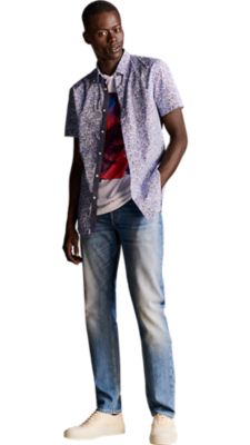 bright blue slim fit stone washed jeans with a white T-shirt and a short sleeved medium blue shirt for men by BOSS