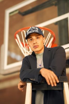 Black jacket trousers and shoes with red T-shirt for men by BOSS  