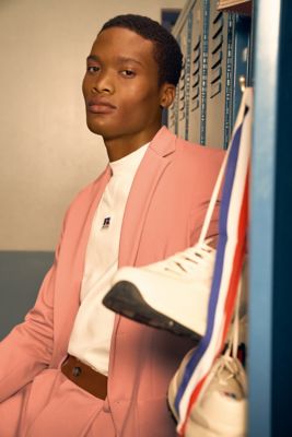 Black jacket trousers and shoes with red T-shirt for men by BOSS  