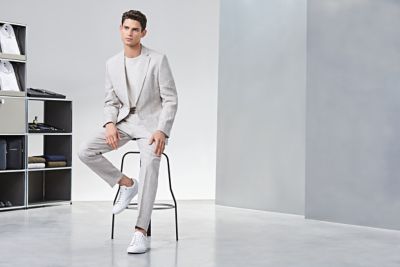 Beige linen suit and white t-shirt by BOSS