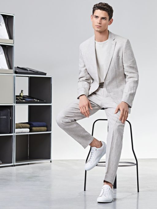 Beige linen suit and white t-shirt by BOSS
