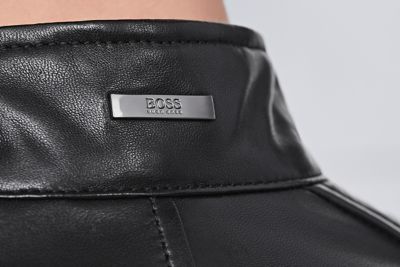 Leather jacket close up with BOSS logo