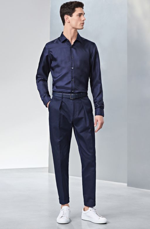 Navy silk shirt with navy pants by BOSS